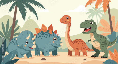 Group of friendly cartoon dinosaurs including a triceratops stegosaurus brachiosaurus and t-rex gather in a prehistoric tropical land.
