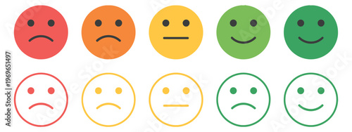 Colorful emoji faces with flat style, user experience feedback icons, faces ranging from sad to happy, filled and outlined emotional rating symbols