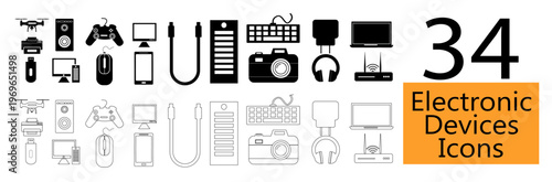 34 Electronic Devices Vector Icon Set – Modern Technology Line and Solid Icons Collection for UI UX, Web and App Design