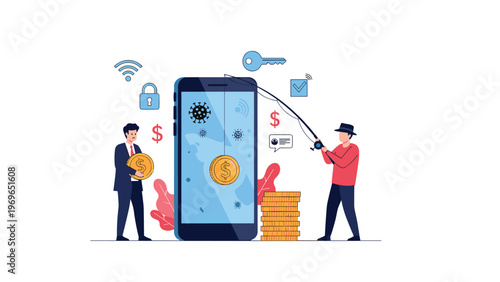 Fraudulent person using a fishing rod to steal money from a smartphone screen while an unsuspecting man holds a large gold coin.