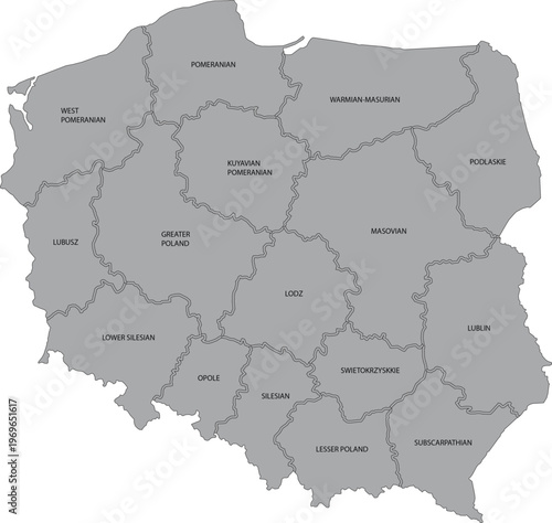 Detailed Map of Poland with Administrative Boders and Internal Region in Grey Layout