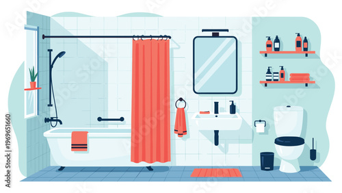 Clean and modern bathroom interior featuring a white bathtub, toilet, sink, mirror, and bright red shower curtain with accessories.