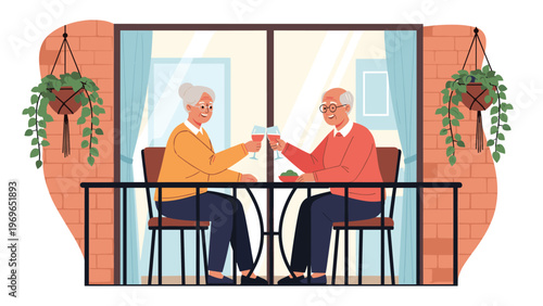 Elderly couple enjoying a romantic evening meal and toasting with wine glasses on their cozy brick balcony with many green plants.