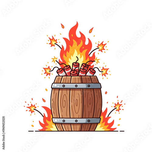 Wooden barrel filled with explosives erupts in flames and sparks