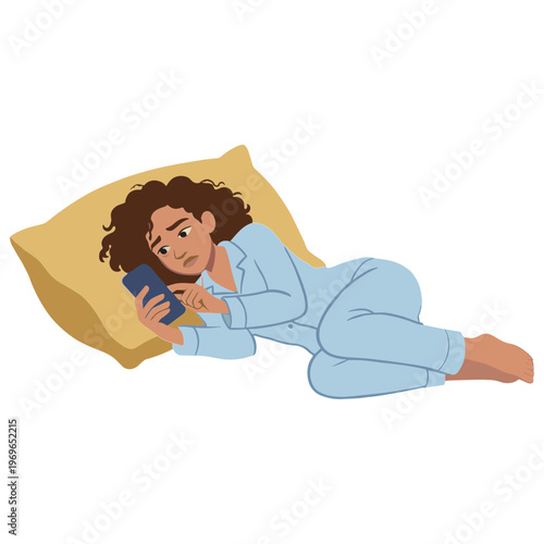 Woman lies on pillow reading phone in pajamas indoors alone