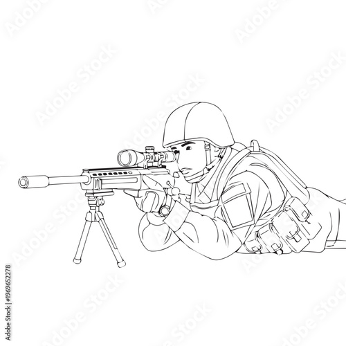 Illustration of a prone sniper soldier aiming through a scoped rifle.