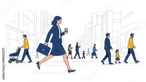Busy business woman carrying a briefcase and coffee walking through a crowded urban street with people and a baby stroller.