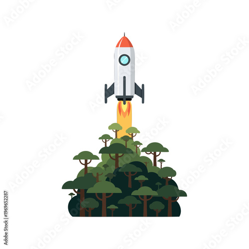 A spacecraft ascends from a lush green forest landscape