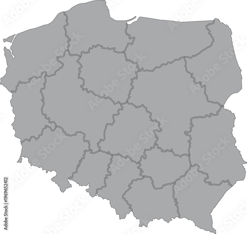 Simple Map of Poland with Administrative Borders in Grey Layout