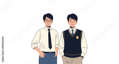 Illustration shows two young men dressed in smart school attire including a white shirt with a tie and a sweater vest in a friendly pose.