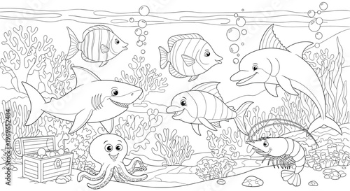 Detailed underwater coloring page for kids features a shark dolphins an octopus and fish swimming among coral reefs and a treasure chest.
