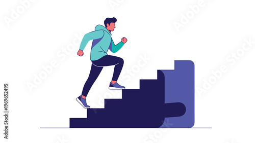 Motivated man in a tracksuit running up a flight of stairs made of blue puzzle pieces towards a goal on a white background.