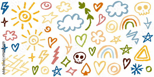 Colorful childlike doodles and sketches scattered across a white background