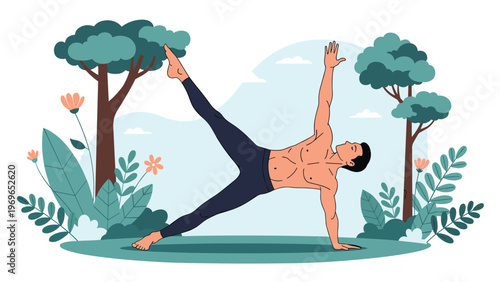Athletic man performing a challenging yoga balance pose outdoors in a lush green forest with trees and blooming flowers.