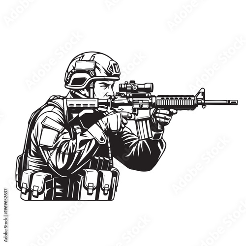 A focused soldier in tactical gear aiming a rifle in a combat stance, ready for action.