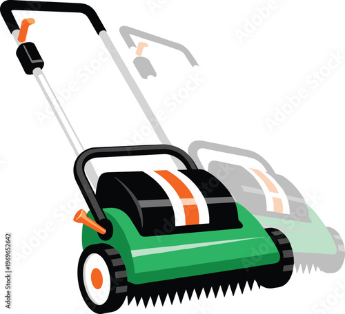 Lawn mower machine for garden maintenance and landscaping yard work with green and black components.