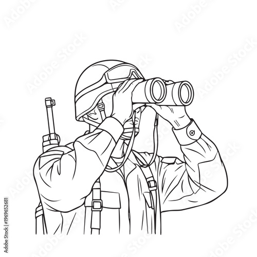 Person wearing helmet using binoculars while exploring rugged terrain with gear.