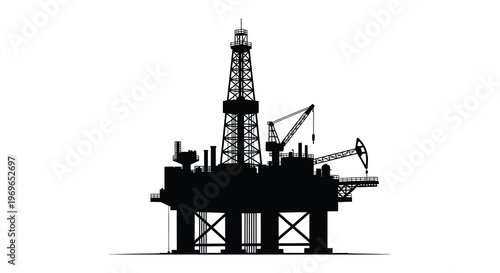 Black silhouette of an offshore oil rig against a white background silhouette
