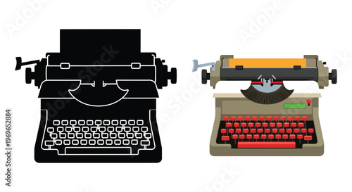 Vintage typewriter illustration presented in a contrasting color scheme silhouette