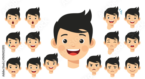 Set of facial expressions for a cartoon boy displays a wide range of emotions like joy sadness anger surprise and many other feelings.