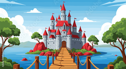 Majestic fairy tale castle with red roofs situated on a small rocky island with a wooden bridge crossing the blue water.