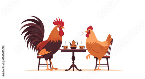Rooster and hen characters enjoying a tea party at a round wooden table, cozy farm life illustration in flat style.