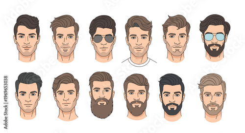 Set of male character faces demonstrating various modern hairstyles, beards, and grooming styles for men's fashion.