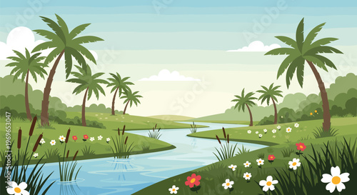 Tropical river landscape featuring lush palm trees, green grass, and blooming flowers under a bright clear sky.