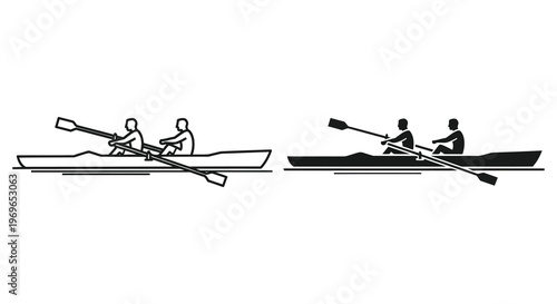 Two pairs of kayakers paddling on water a striking black silhouette