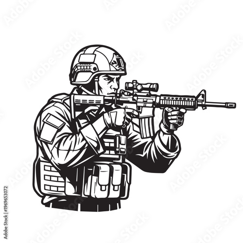 Illustrated soldier aiming a rifle in tactical gear with helmet and vest.