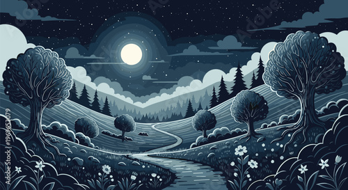 Serene moonlit night landscape illustration with rolling hills, a winding path, and large trees in a dark blue palette.
