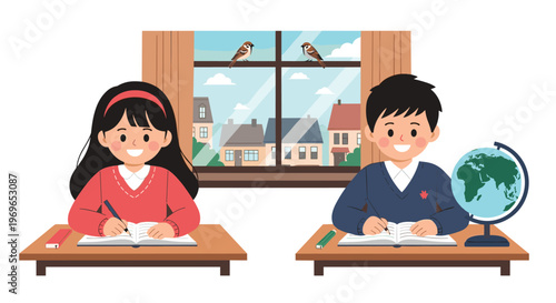 Happy school children sitting at their classroom desks writing in notebooks with a scenic neighborhood view through window.