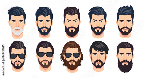 Modern men's portrait collection showing different beard styles, haircuts, and accessories like sunglasses for avatars.