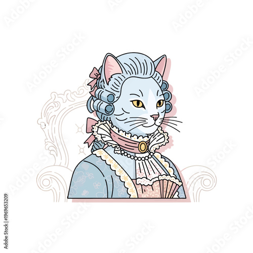 A regal feline in historical attire sits elegantly on a decorative chair