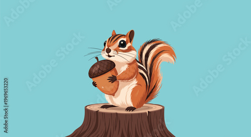 Cute chipmunk sitting on a tree stump holding an acorn, forest wildlife animal illustration on a soft blue background.