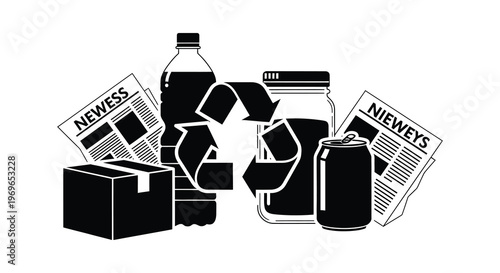 Recycling symbols with waste materials depicted in stark black silhouette