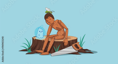 Sad wooden puppet sitting on a tree stump with a small blue ghost and a bug, dramatic fairy tale character scene.