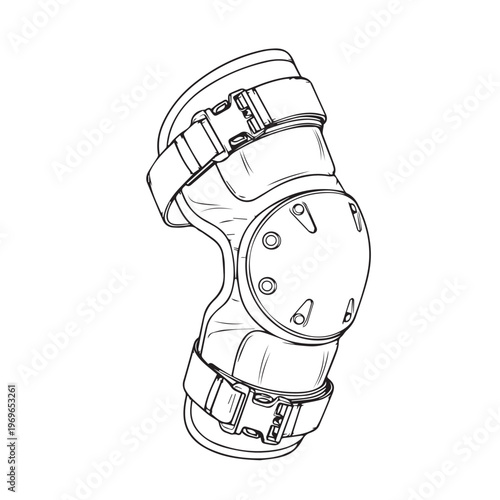 Illustration of a knee brace and protective padding designed for sports, rehabilitation, and mobility support.