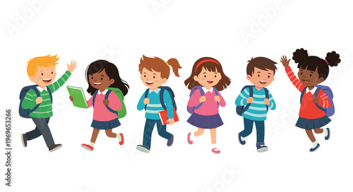 Diverse group of happy school children with backpacks running and waving while walking together on a white background.
