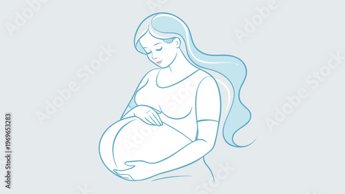 Woman holding her pregnant belly while looking down in a simple illustration of motherhood and care