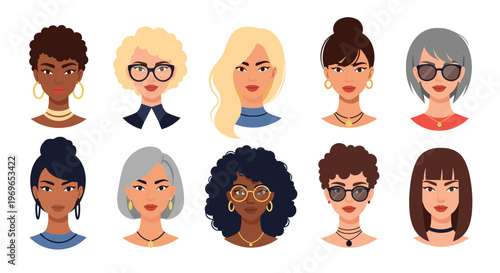 Collection of stylish women avatars with different hairstyles, skin tones, and modern accessories for web design.
