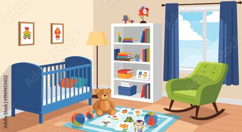 Cozy baby nursery room interior with a blue crib, white bookshelf, green rocking chair, and various colorful toys.
