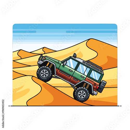 A rugged vehicle navigates sandy dunes under a clear sky