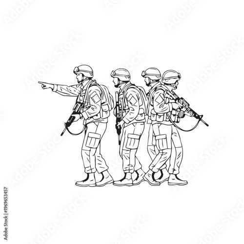 Three armed soldiers in tactical gear marching together in silhouette illustration.