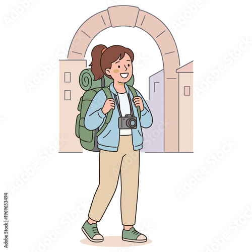 A smiling woman tourist with a backpack and camera stands in front of an archway