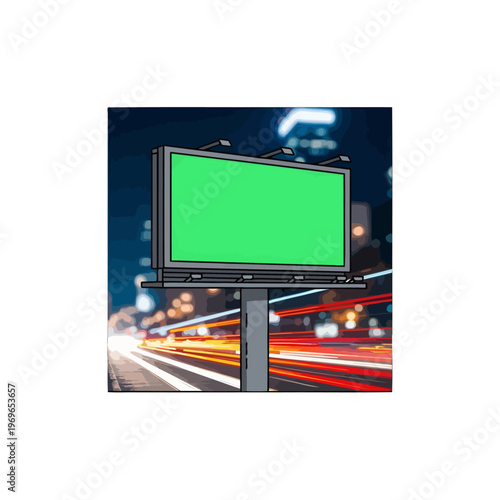Large outdoor advertising screen displays green screen at night with light