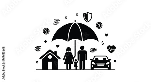Family protection concept with umbrella house car and financial symbols silhouette