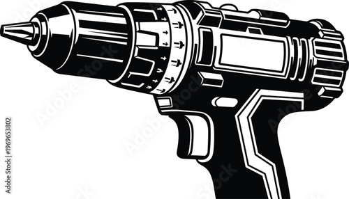 Illustration of power drill tool icon black and white vector graphic for home improvement project work.