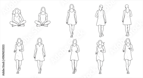 Woman pose set line art with walking, standing and sitting figures, outline vector illustration