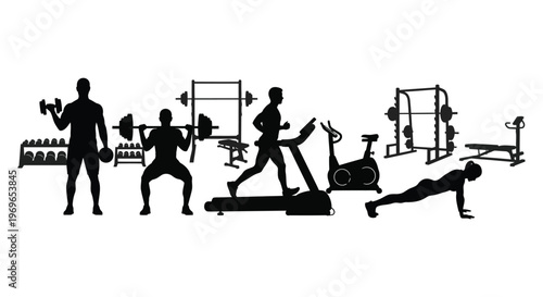 Gym workout scene featuring people and equipment depicted as a silhouette